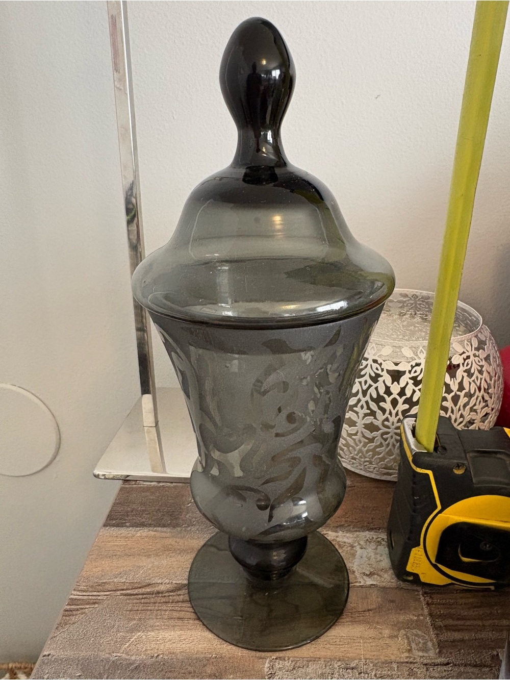 Vintage 11" Smoky Gray Etched Glass
Apothecary Jar with Lid